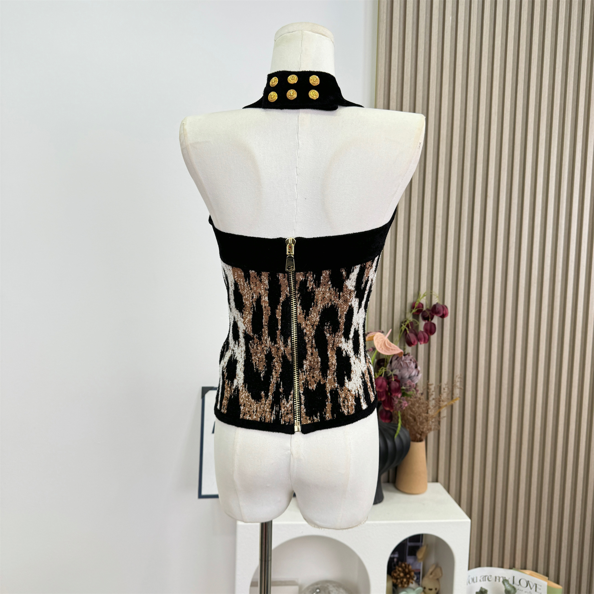 Women's Leopard Knit V-Neck Halter Cami Vest Slim Waist Dress - Image 4