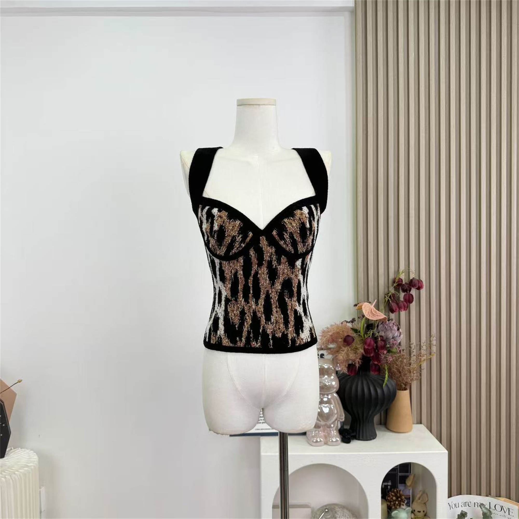 Women's Leopard Knit V-Neck Halter Cami Vest Slim Waist Dress - Image 5