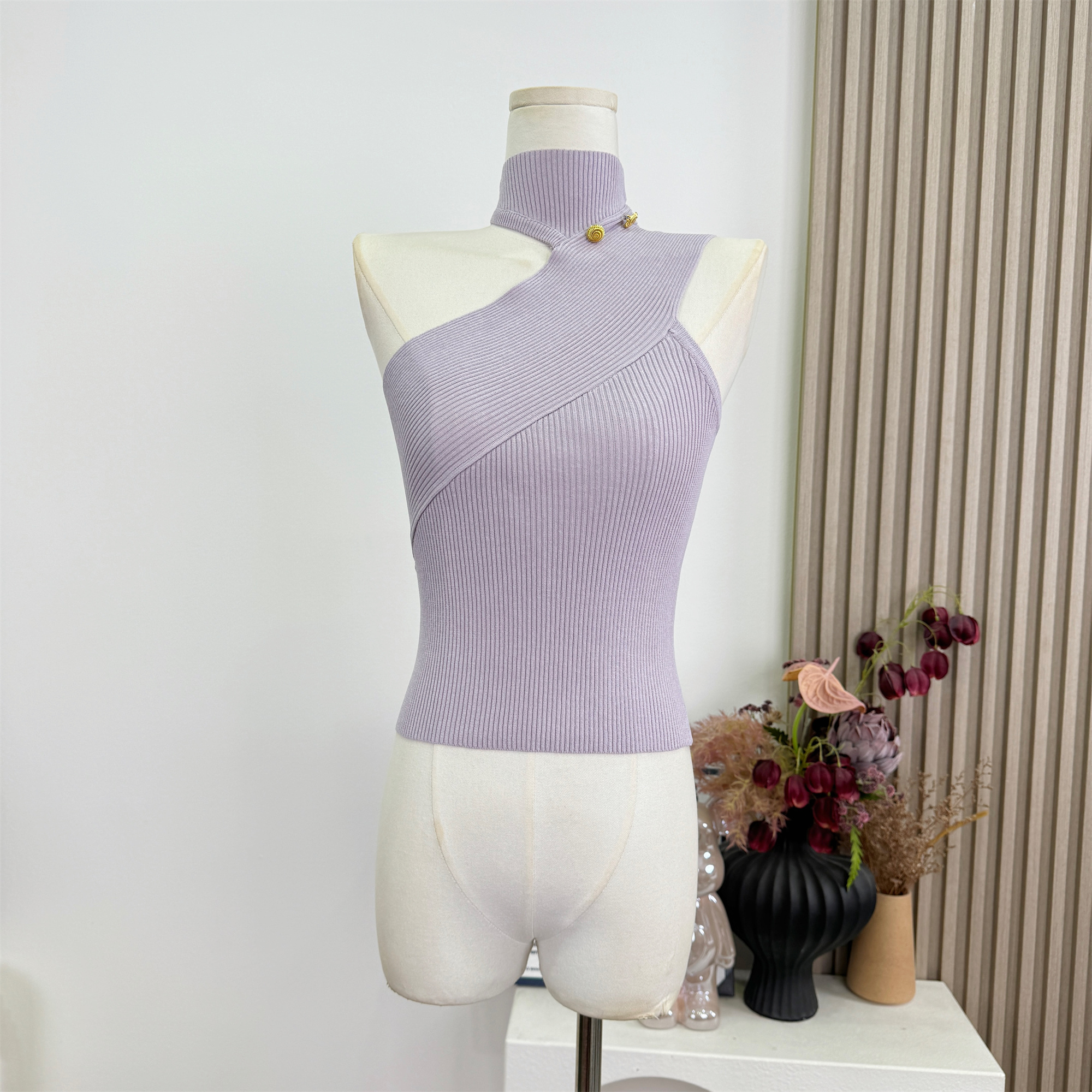 JAYKY YANG Asymmetric One-Shoulder Halter Knit Crop Top - Image 2