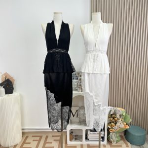 French Style Deep V Halter Cami Top with Pleated Hem and Lace Waist