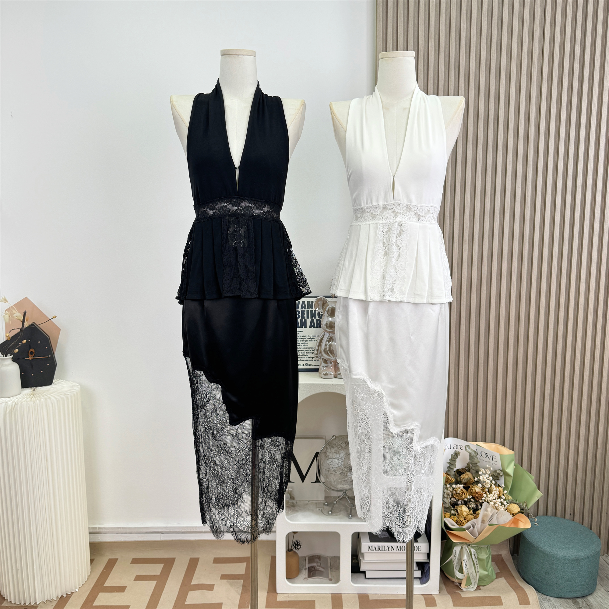 French Style Deep V Halter Cami Top with Pleated Hem and Lace Waist