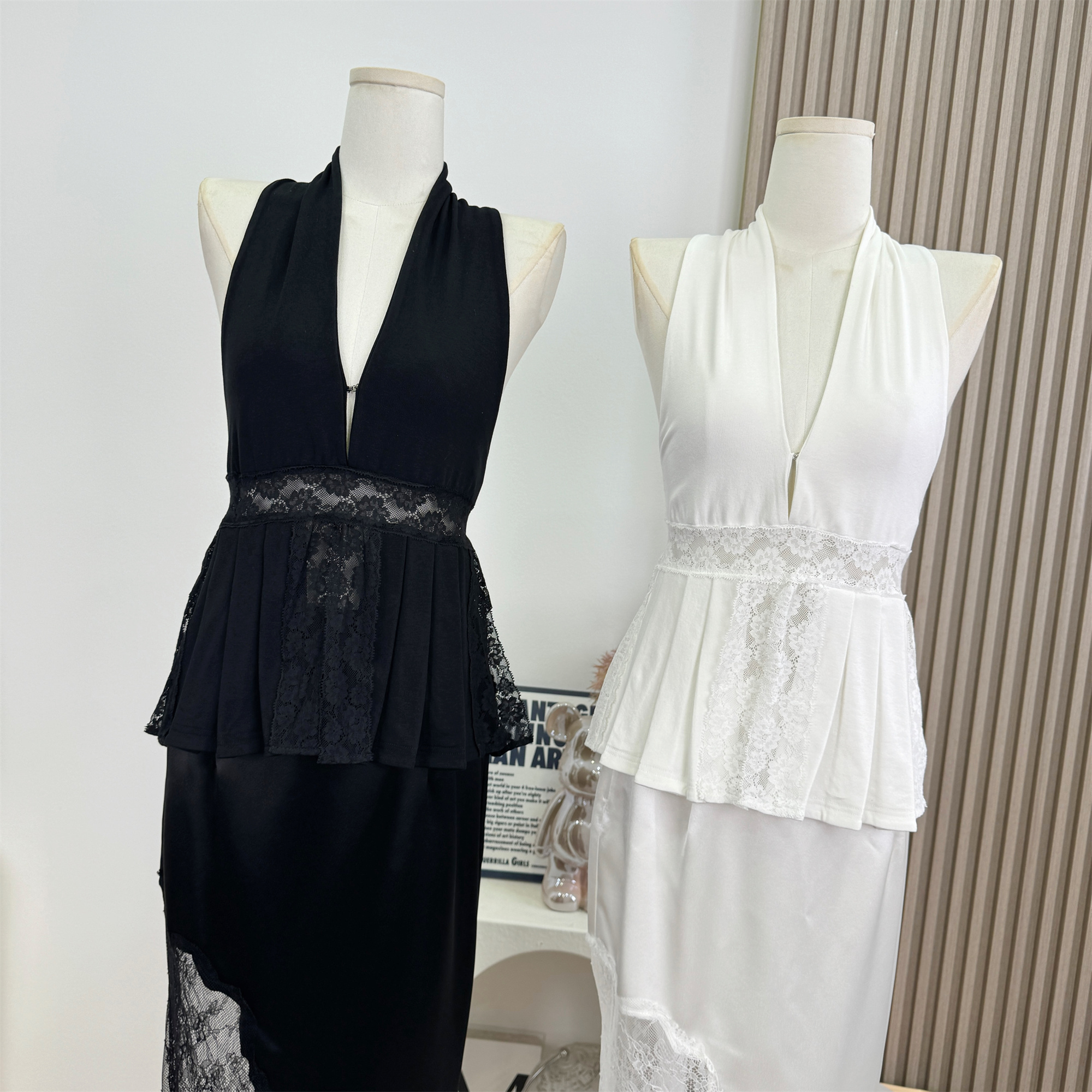 French Style Deep V Halter Cami Top with Pleated Hem and Lace Waist - Image 2