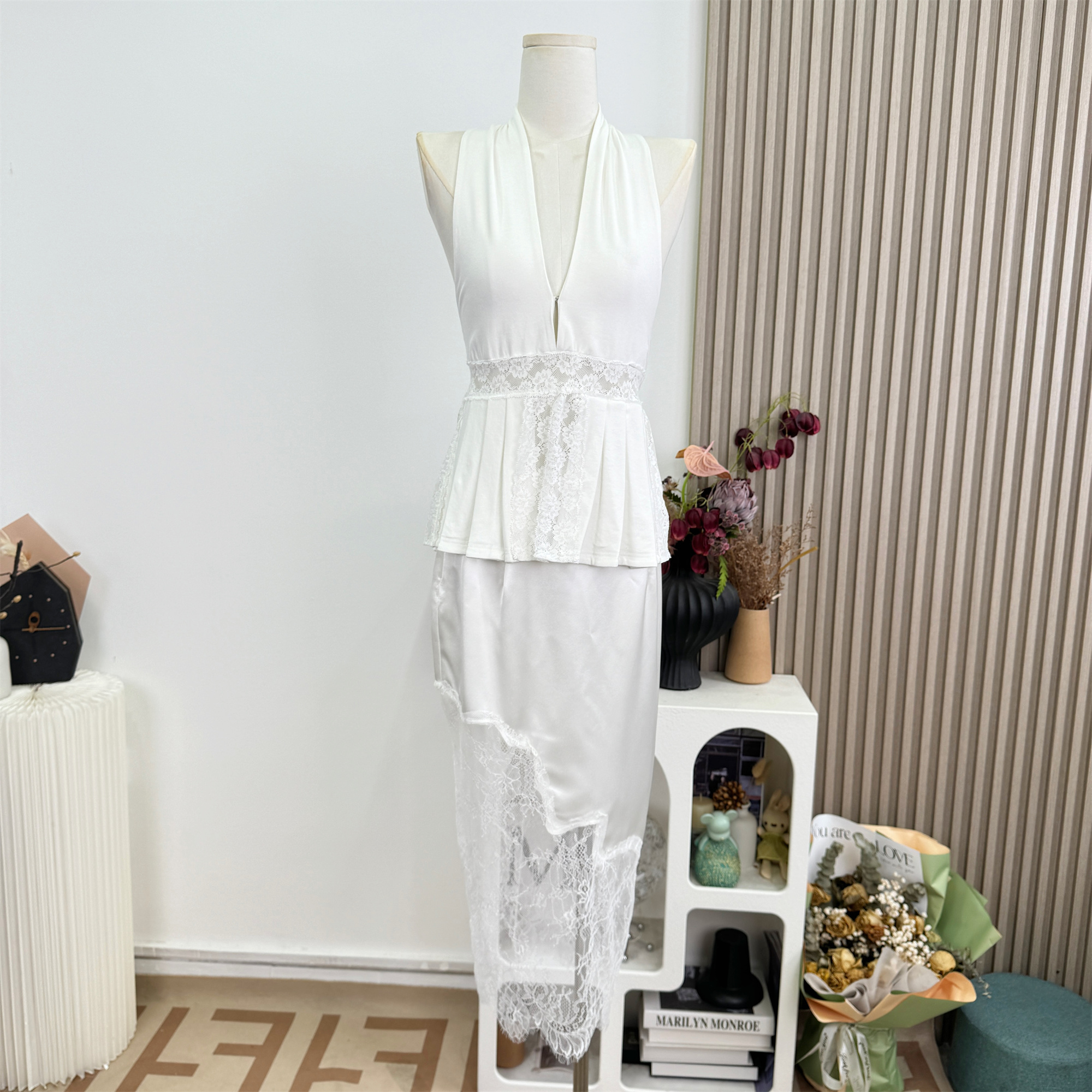 French Style Deep V Halter Cami Top with Pleated Hem and Lace Waist - Image 3