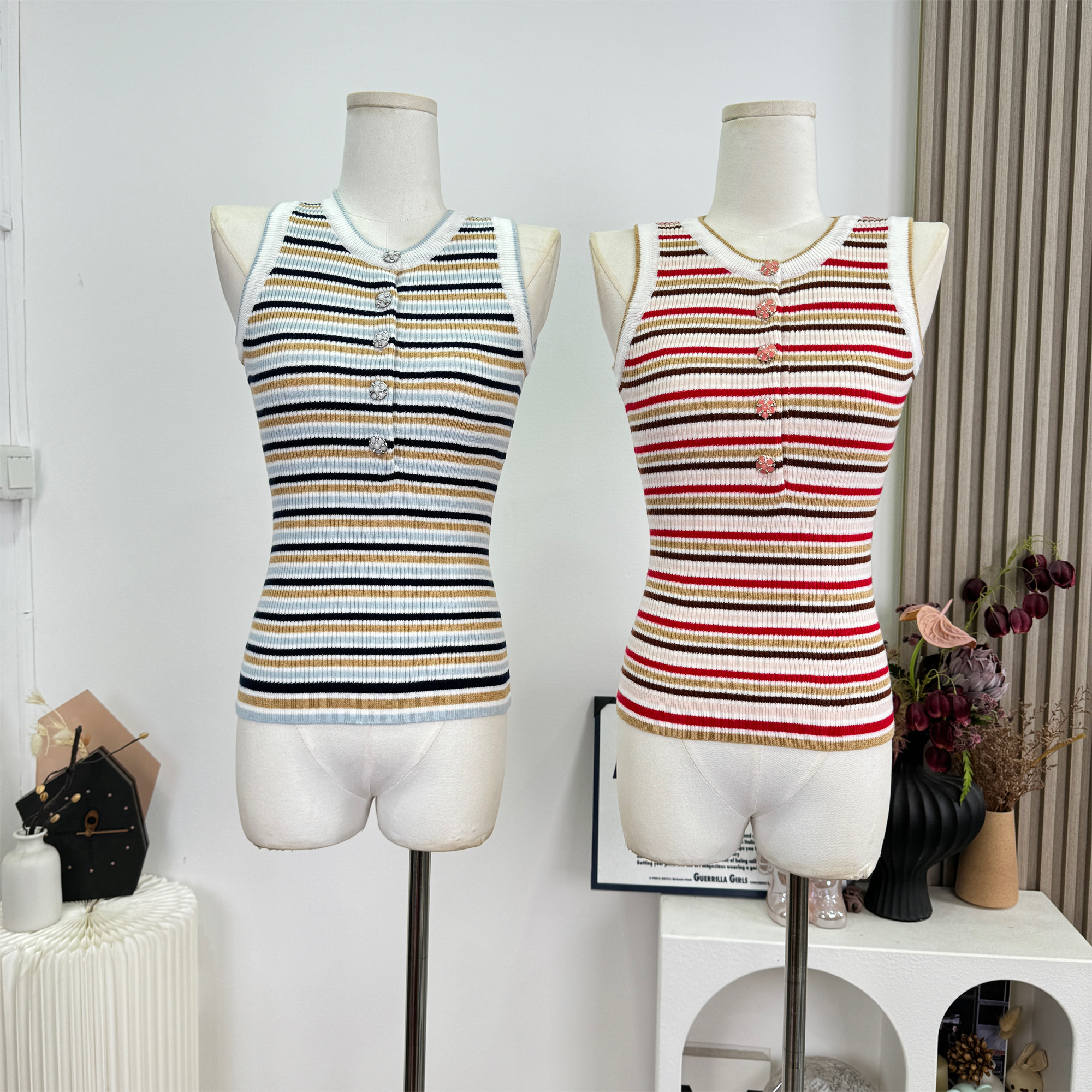 Striped Knit Cami Top and Vest Set for Women - Image 2