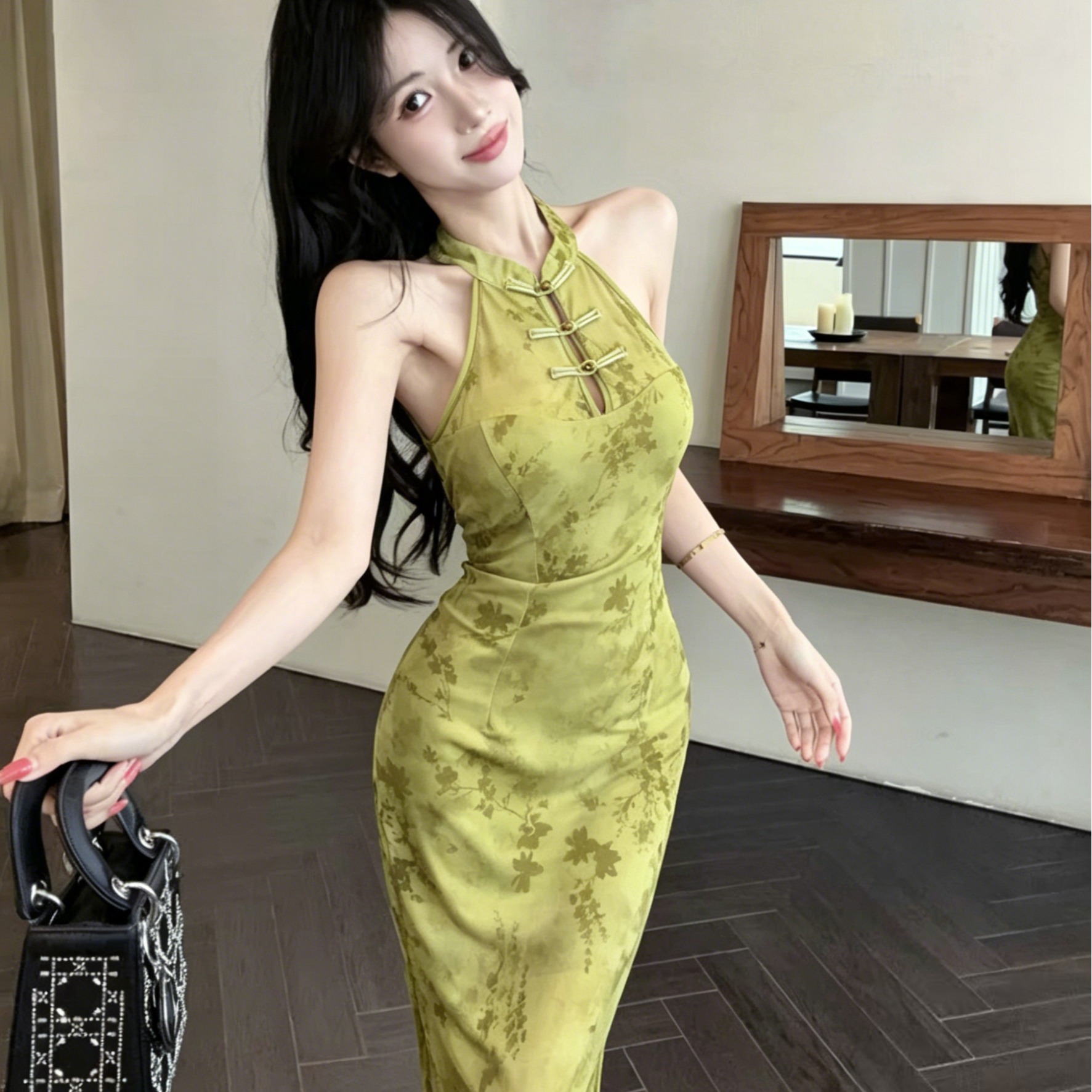 New Chinese Style Low-Cut Mesh Off-Shoulder Bodycon Dress - Image 5