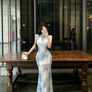 New Chinese Style Improved Qipao Dress with Sheer Mesh and Mermaid Hem