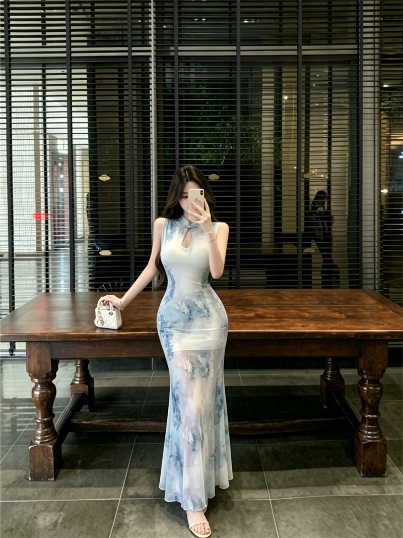 New Chinese Style Improved Qipao Dress with Sheer Mesh and Mermaid Hem