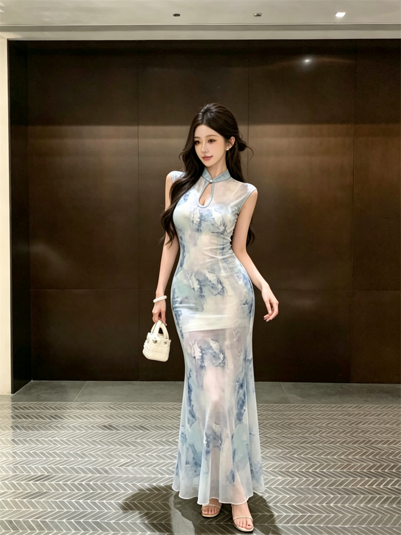 New Chinese Style Improved Qipao Dress with Sheer Mesh and Mermaid Hem - Image 2