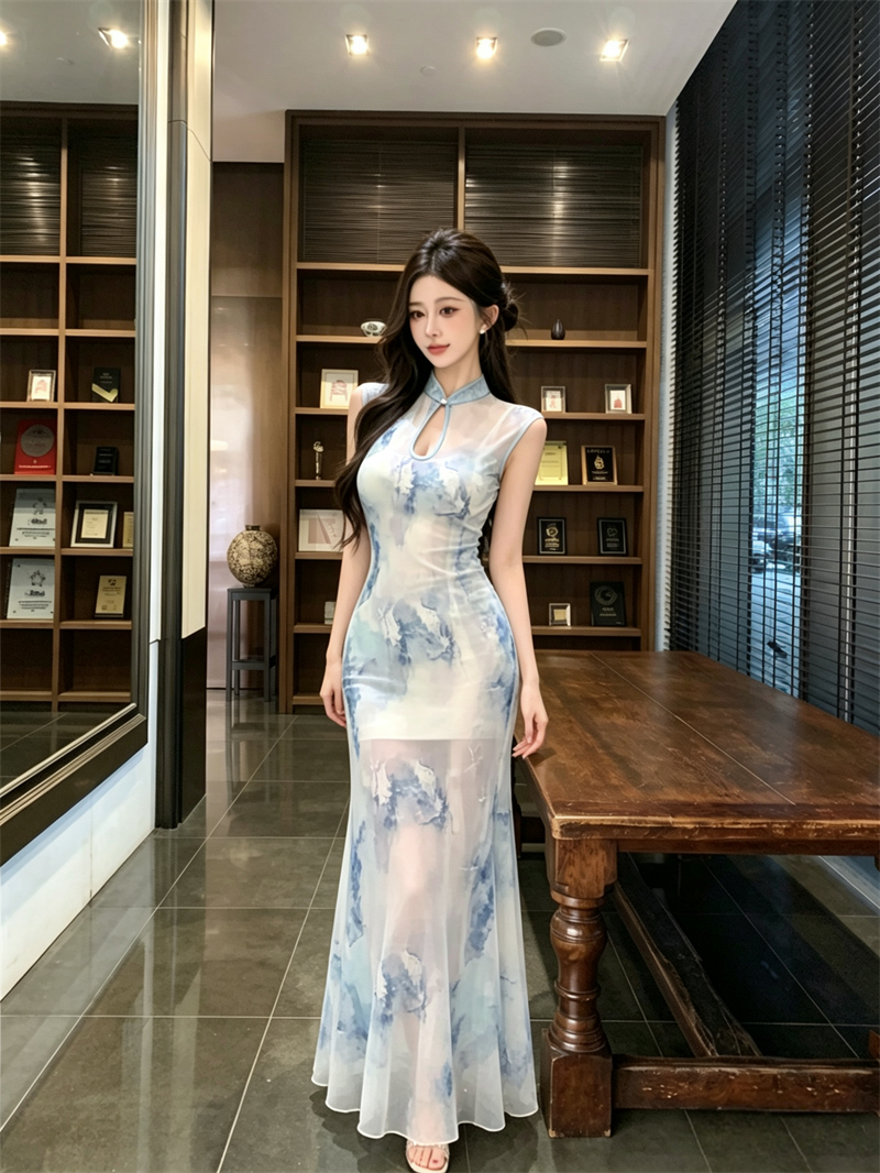 New Chinese Style Improved Qipao Dress with Sheer Mesh and Mermaid Hem - Image 3