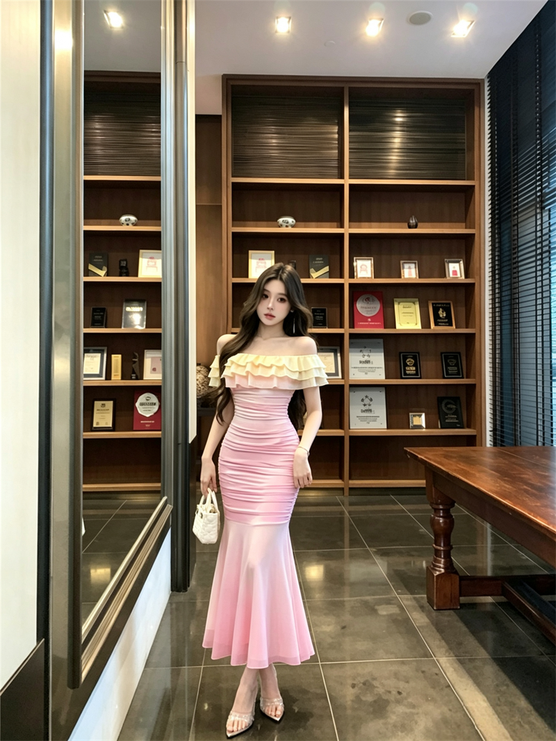 Off-Shoulder Gradient Mermaid Dress 2026 Summer Ruched Waist Bodycon Long Dress for Women - Image 2