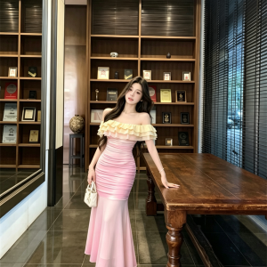Off-Shoulder Gradient Mermaid Dress 2026 Summer Ruched Waist Bodycon Long Dress for Women