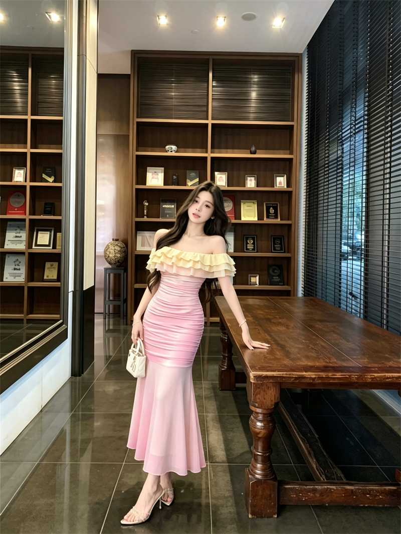 Off-Shoulder Gradient Mermaid Dress 2026 Summer Ruched Waist Bodycon Long Dress for Women