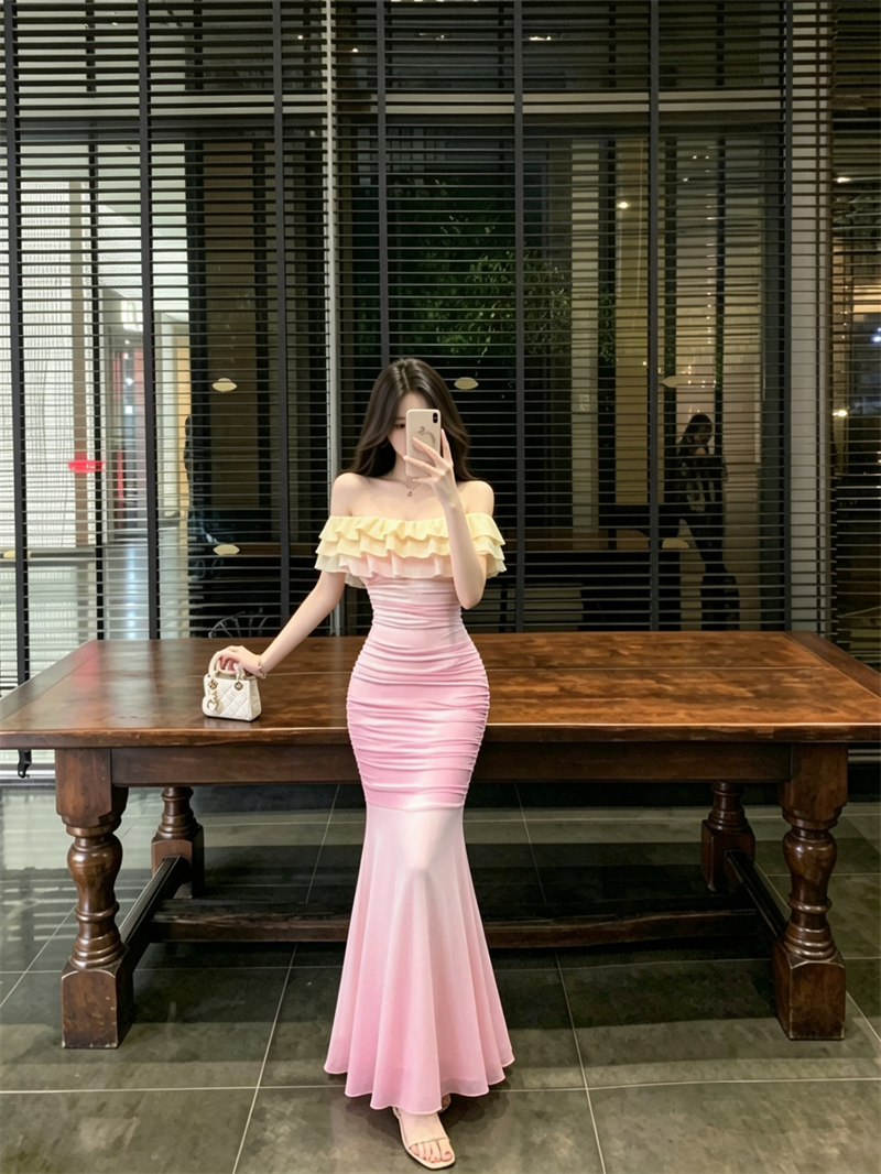 Off-Shoulder Gradient Mermaid Dress 2026 Summer Ruched Waist Bodycon Long Dress for Women - Image 3