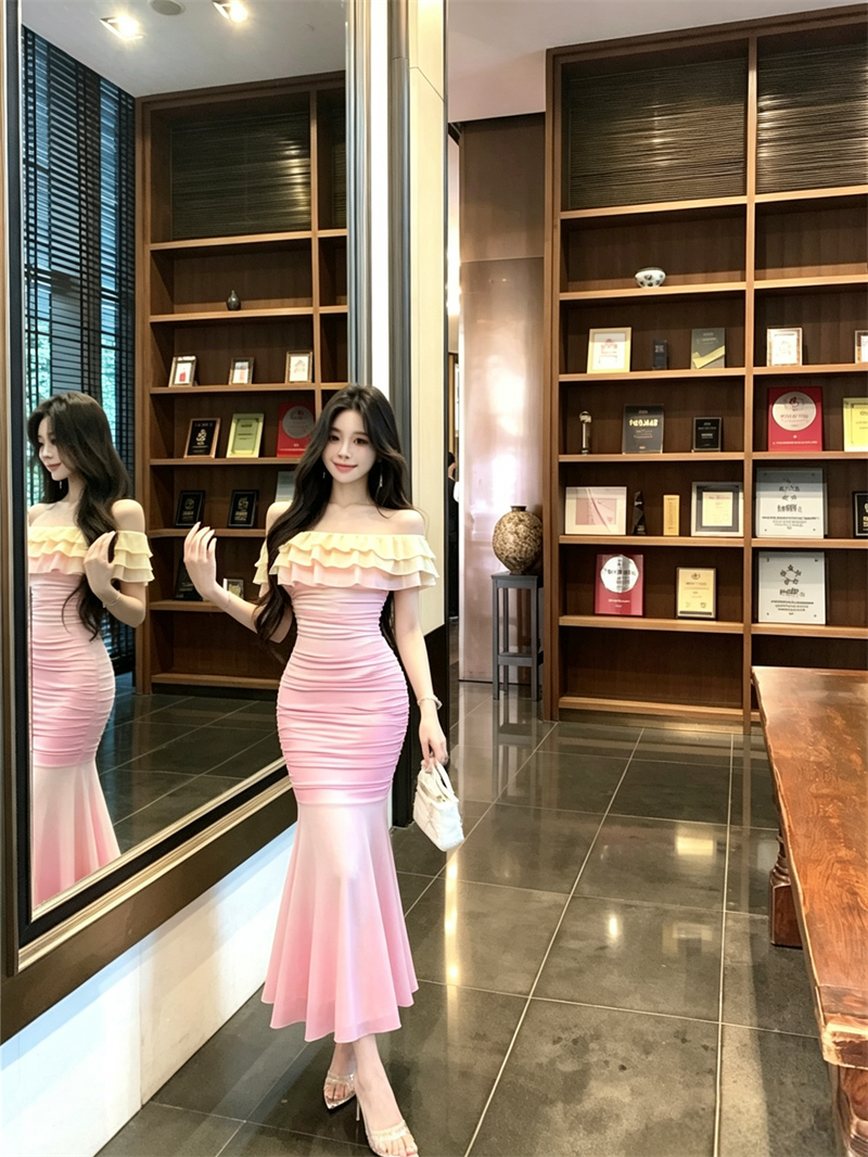 Off-Shoulder Gradient Mermaid Dress 2026 Summer Ruched Waist Bodycon Long Dress for Women - Image 4