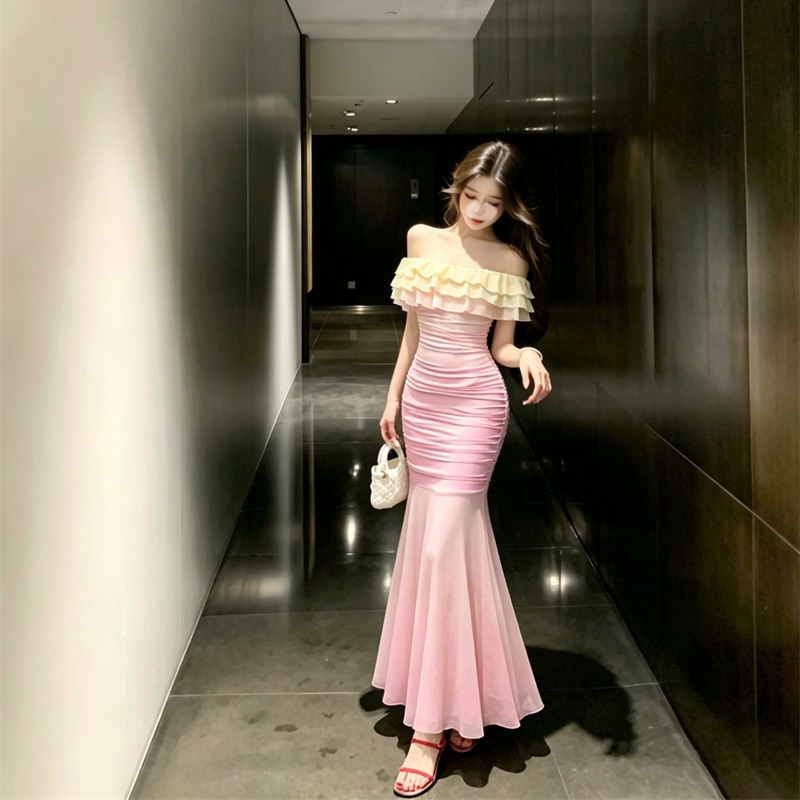 Off-Shoulder Gradient Mermaid Dress 2026 Summer Ruched Waist Bodycon Long Dress for Women - Image 5