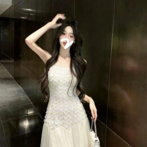 Gentle Style Beige Cami Dress Summer Mesh Puffy Fairy Dress Beach Vacation Long Dress