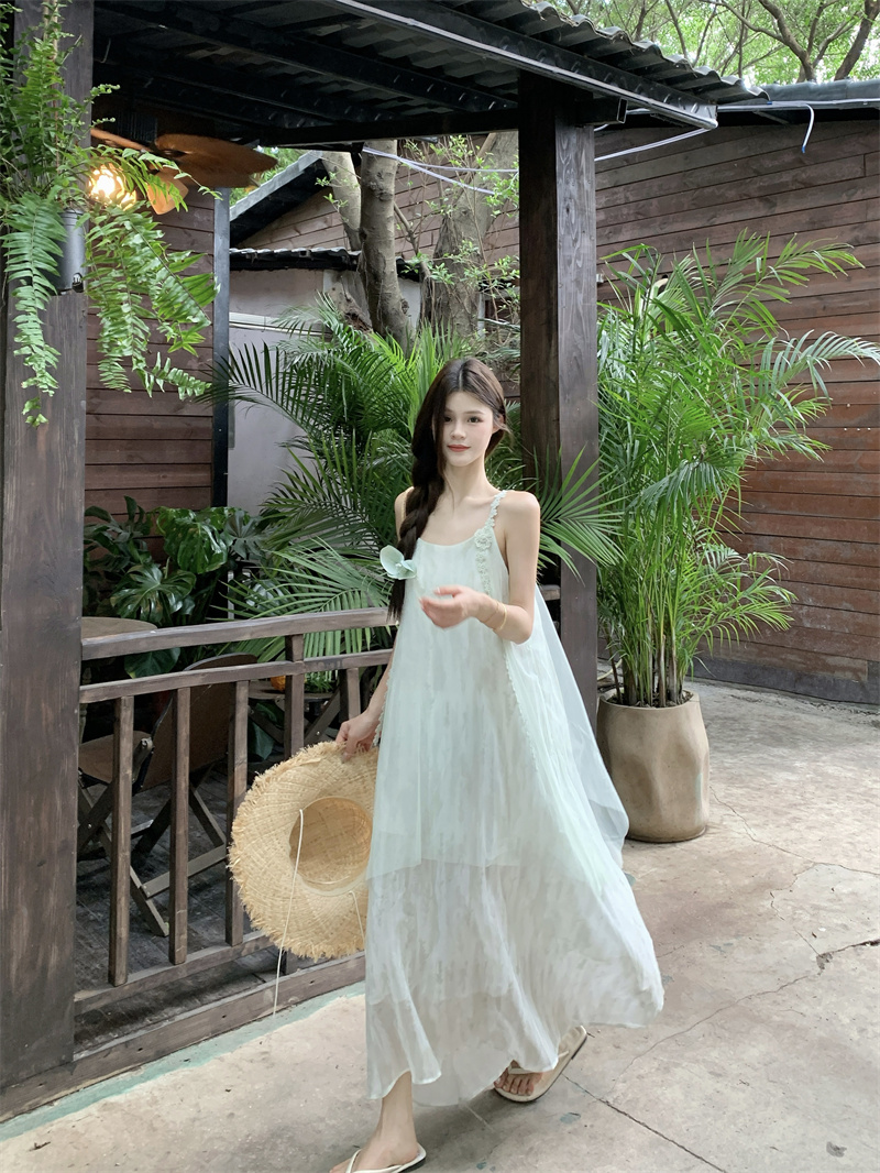Spaghetti Strap Gradient Mesh Dress Summer Vacation Beach Long Dress - Image 2