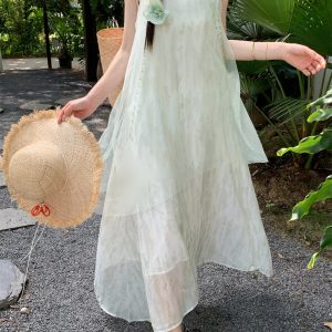 Spaghetti Strap Gradient Mesh Dress Summer Vacation Beach Long Dress