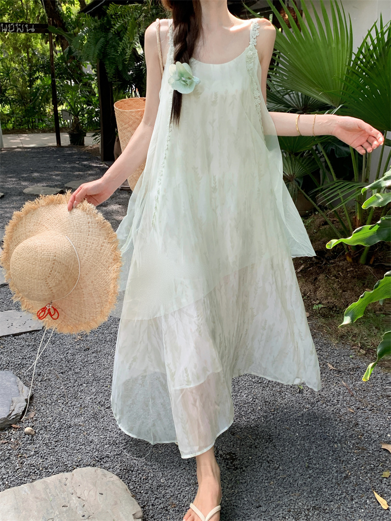 Spaghetti Strap Gradient Mesh Dress Summer Vacation Beach Long Dress