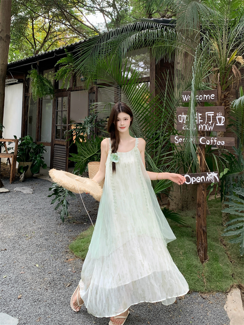 Spaghetti Strap Gradient Mesh Dress Summer Vacation Beach Long Dress - Image 3