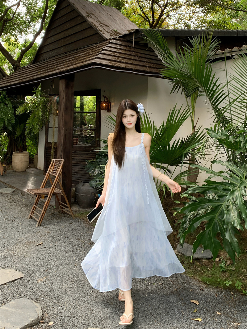 Spaghetti Strap Gradient Mesh Dress Summer Vacation Beach Long Dress - Image 4