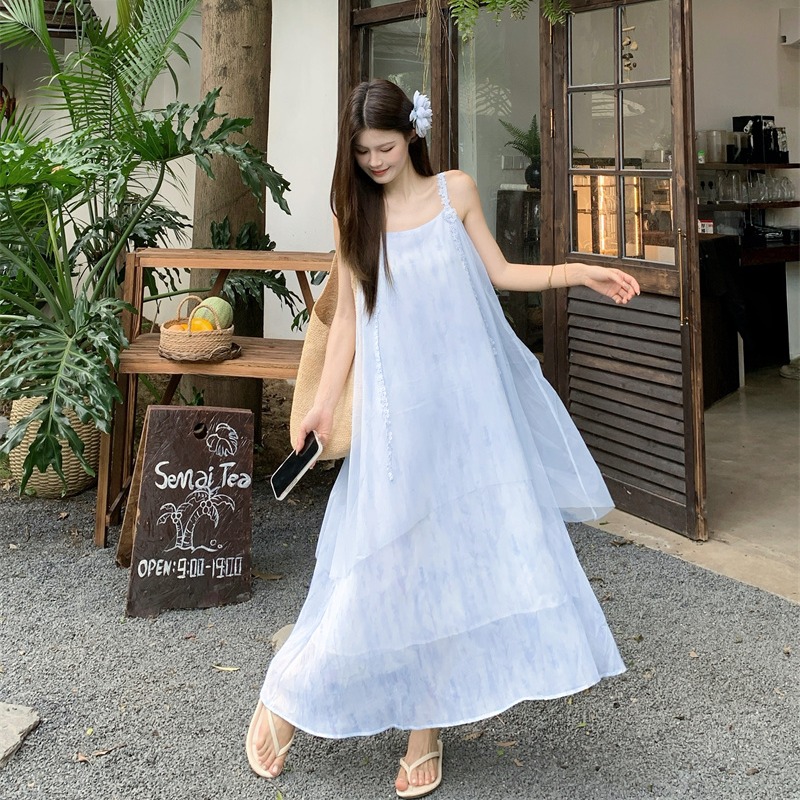 Spaghetti Strap Gradient Mesh Dress Summer Vacation Beach Long Dress - Image 5