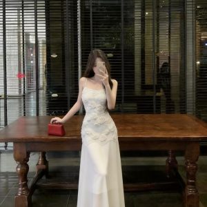 French Style Elegant 3D Floral Beige Cami Dress Summer Beach Vacation Long Dress