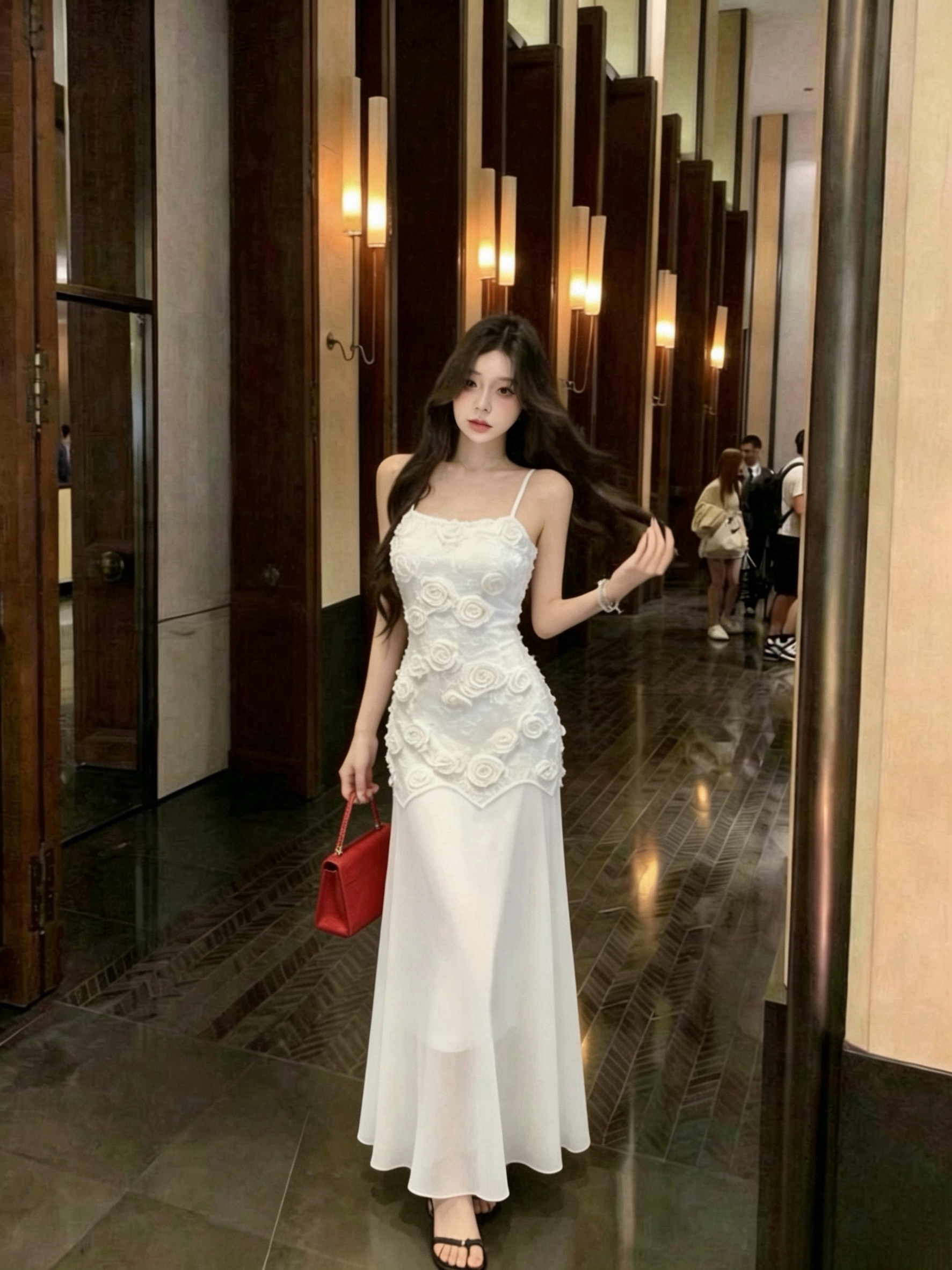 French Style Elegant 3D Floral Beige Cami Dress Summer Beach Vacation Long Dress - Image 3