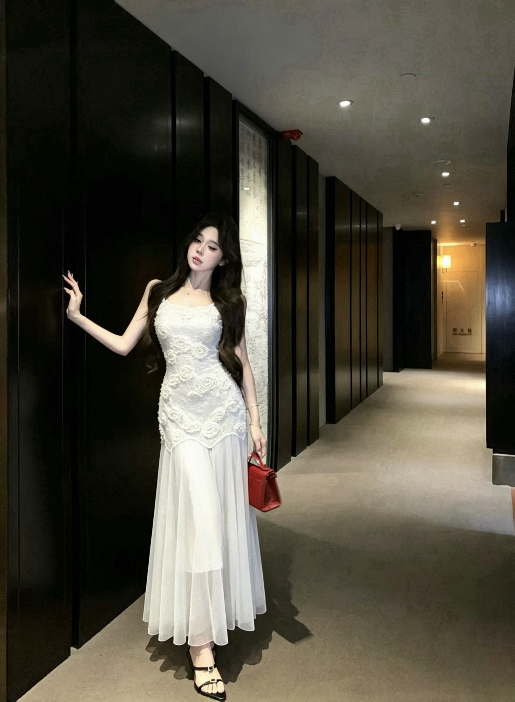 French Style Elegant 3D Floral Beige Cami Dress Summer Beach Vacation Long Dress - Image 4