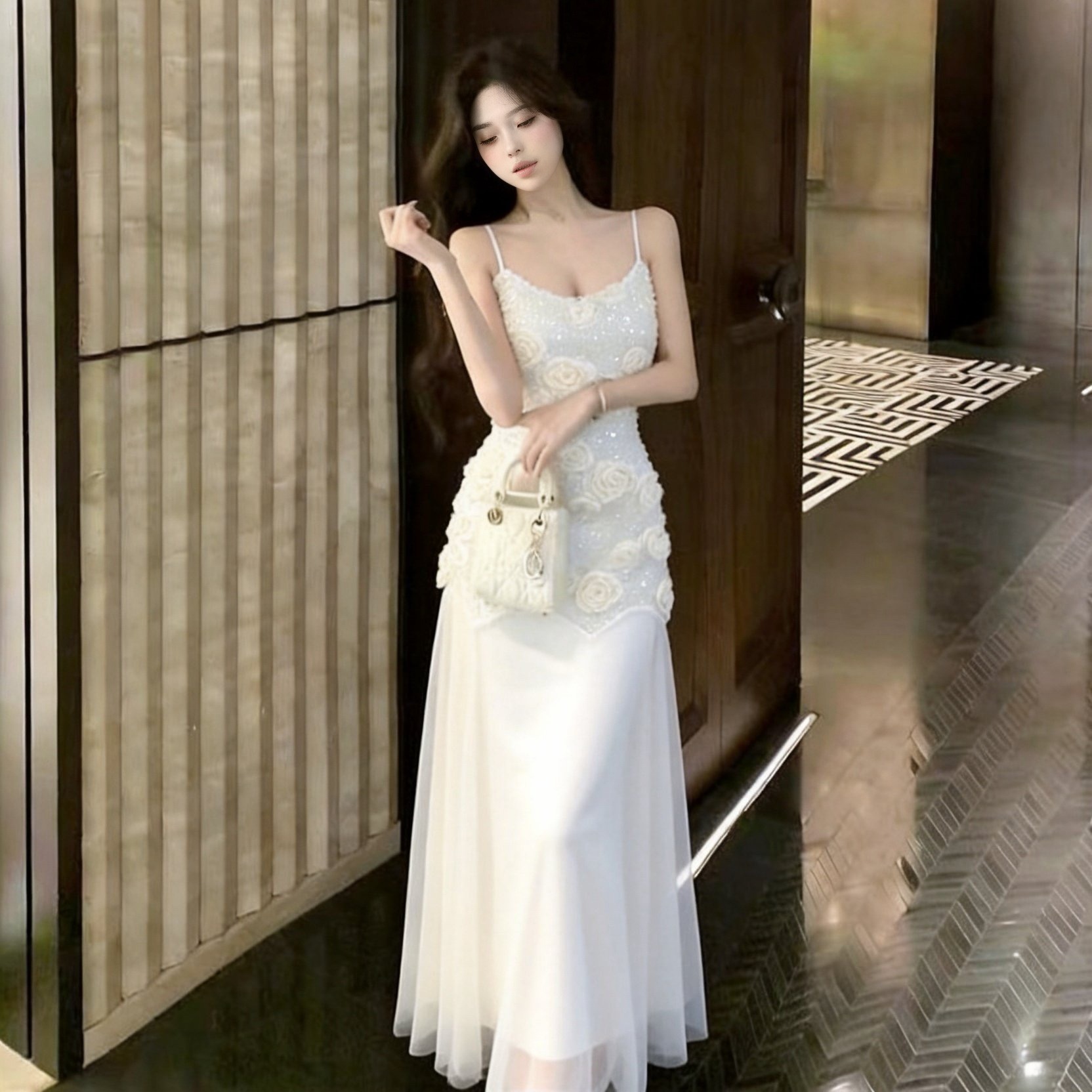 French Style Elegant 3D Floral Beige Cami Dress Summer Beach Vacation Long Dress - Image 5
