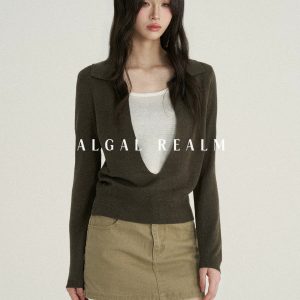 Quality Faux Two-Piece Lapel Knit Sweater Top for Women Spring and Autumn