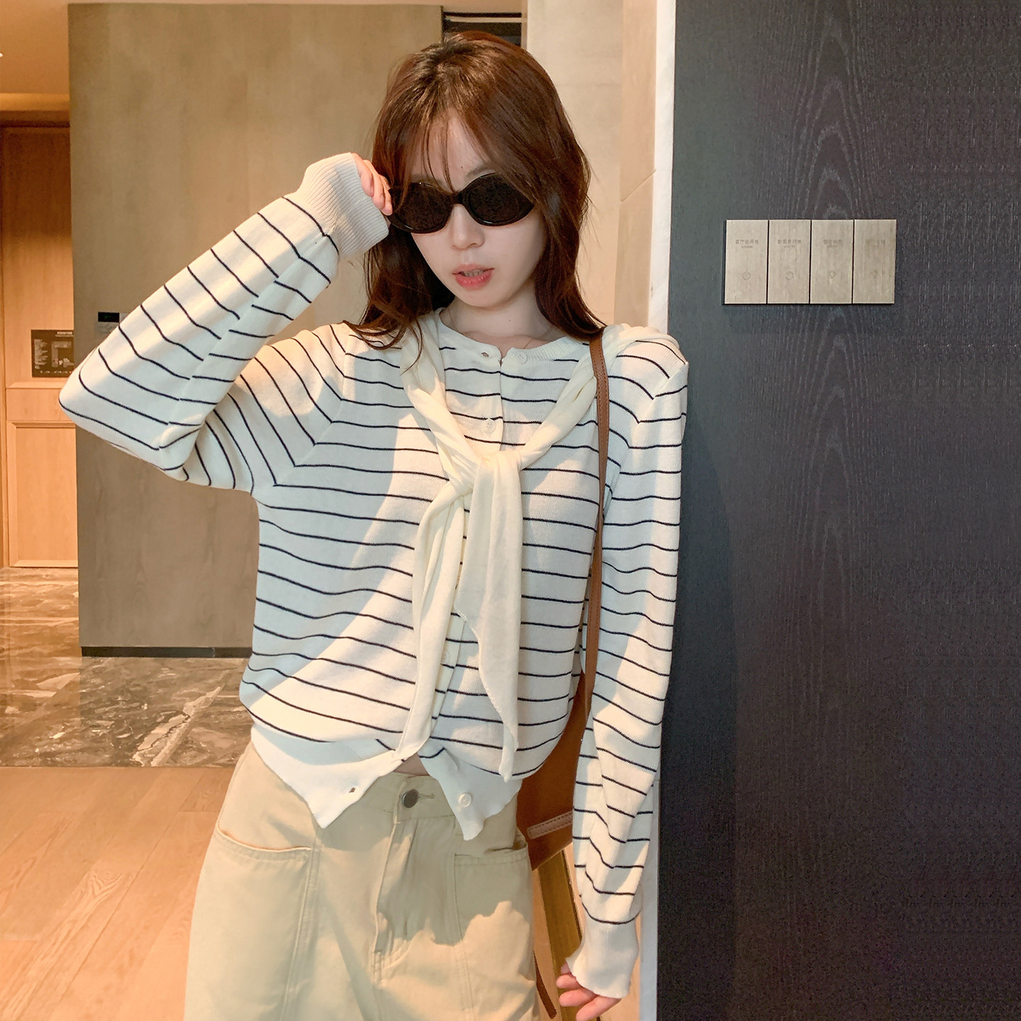 Korean Style Striped Knit Cardigan with Shawl for Women Apricot Striped Slimming Early Autumn Top