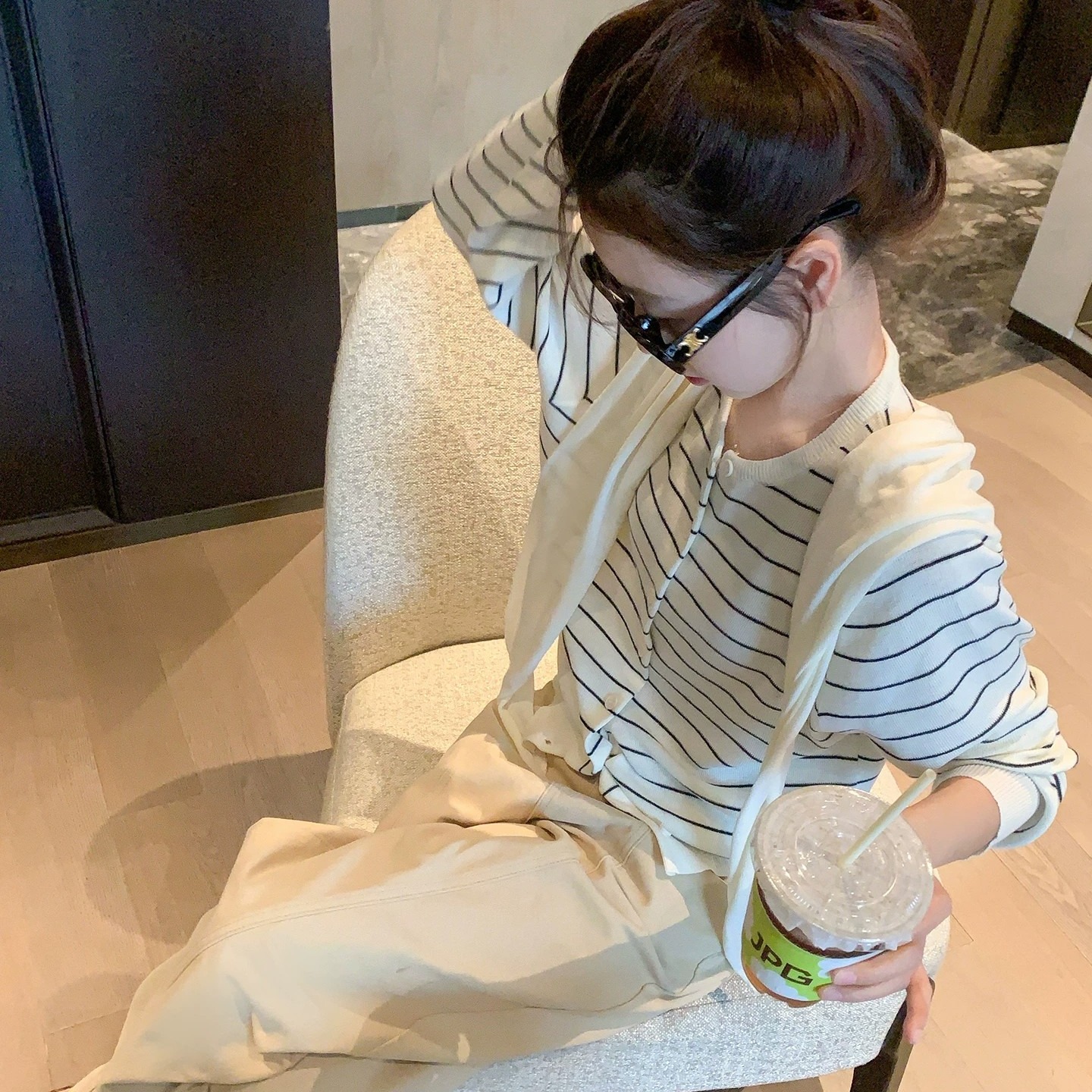 Korean Style Striped Knit Cardigan with Shawl for Women Apricot Striped Slimming Early Autumn Top - Image 5