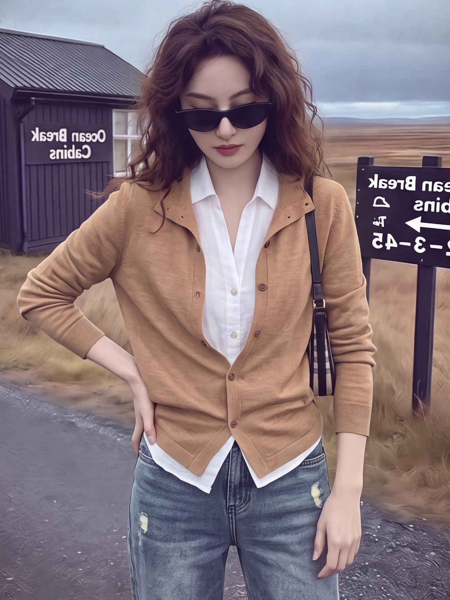 Khaki Faux Two-Piece Long Sleeve Knit Cardigan Women's Fall Design - Image 3