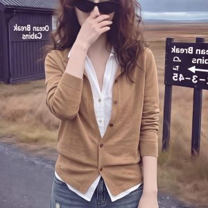 Khaki Faux Two-Piece Long Sleeve Knit Cardigan Women's Fall Design