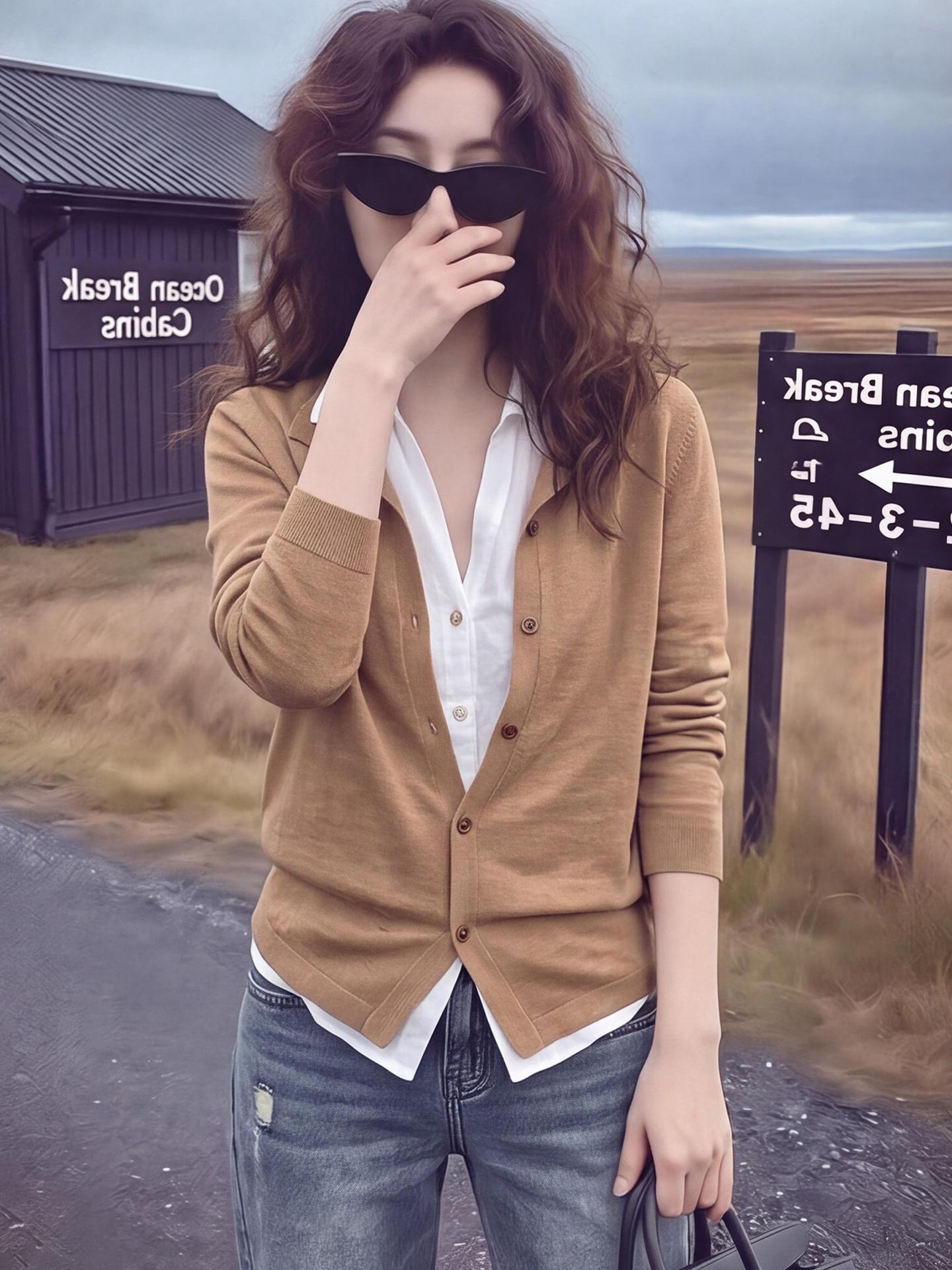 Khaki Faux Two-Piece Long Sleeve Knit Cardigan Women's Fall Design