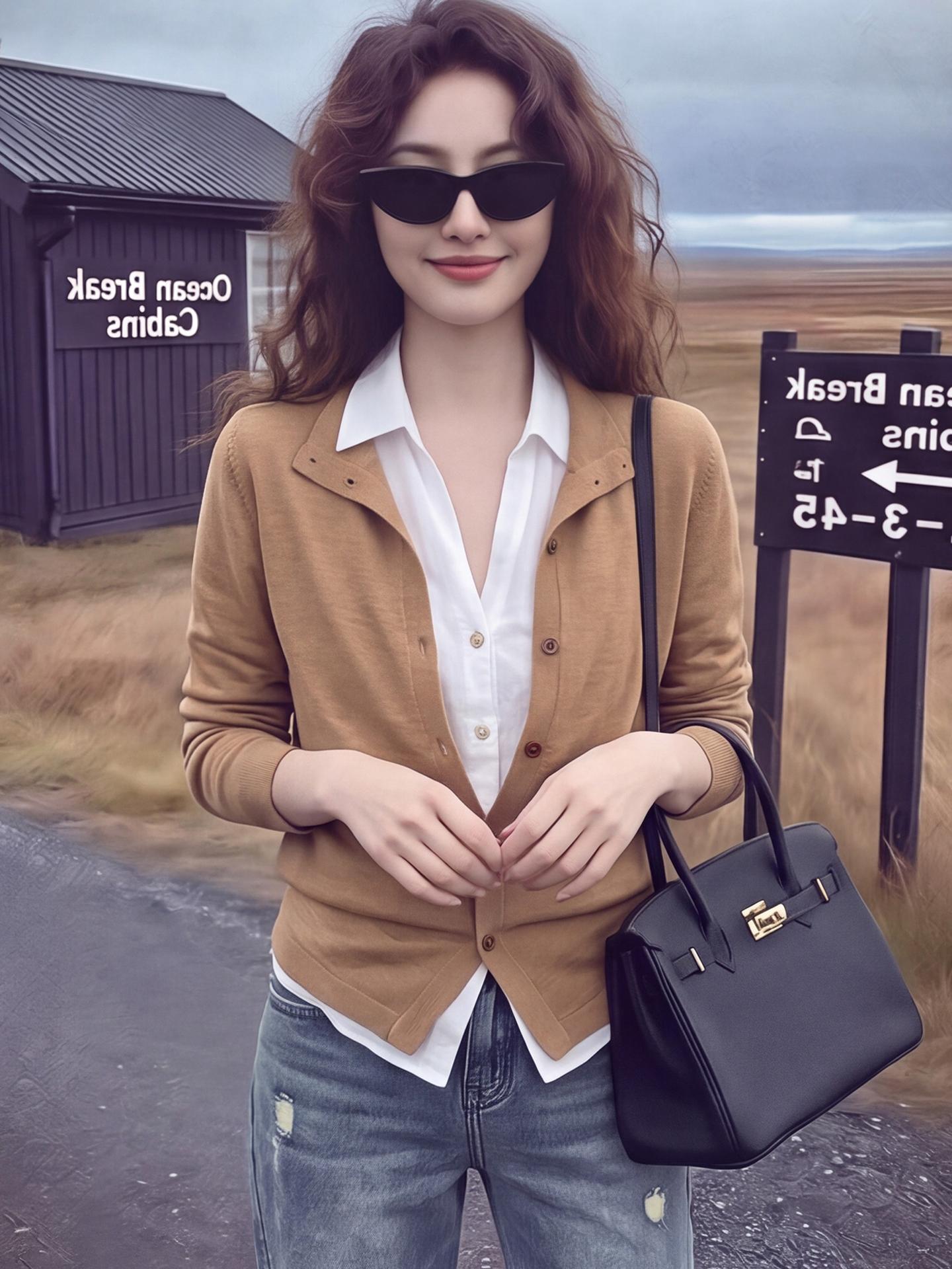 Khaki Faux Two-Piece Long Sleeve Knit Cardigan Women's Fall Design - Image 4