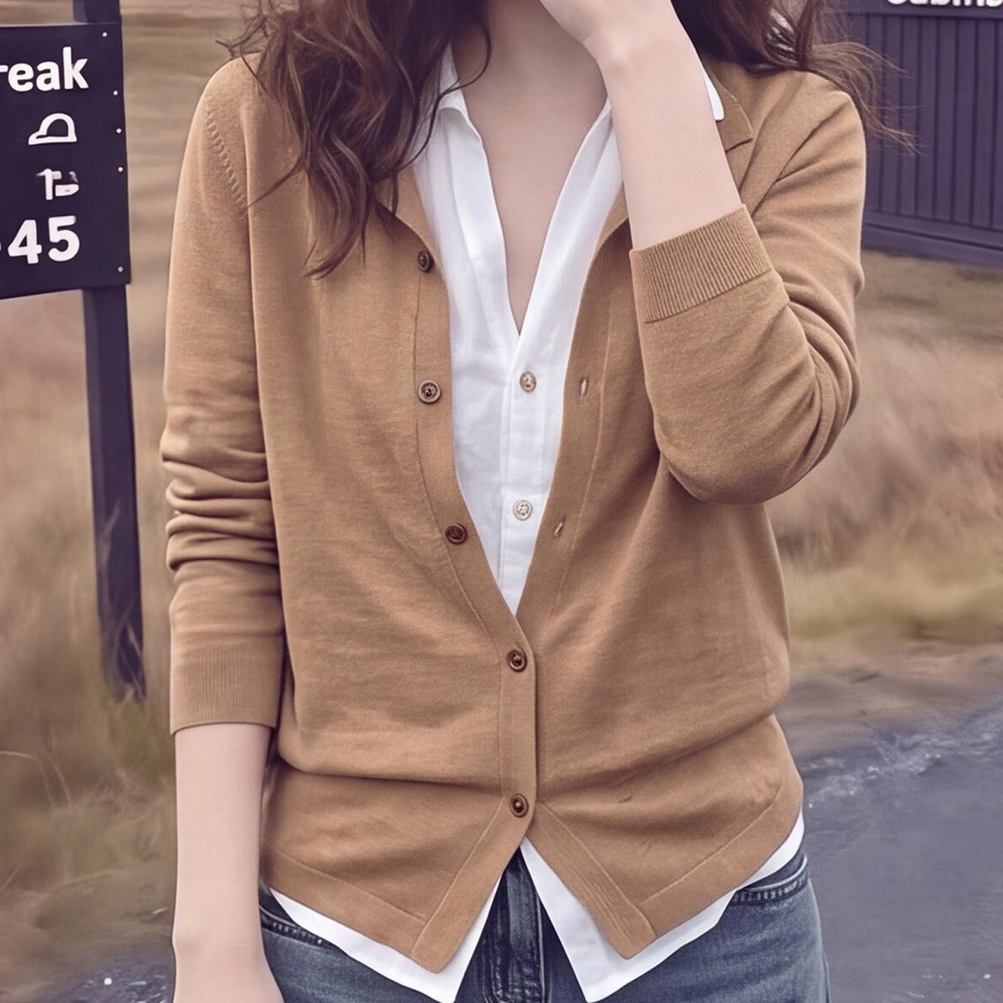Khaki Faux Two-Piece Long Sleeve Knit Cardigan Women's Fall Design - Image 5