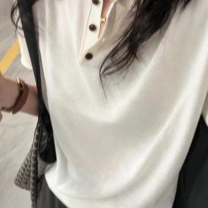 Women's Short Sleeve Knit Polo Shirt Summer Loose Simple Button Top T-Shirt