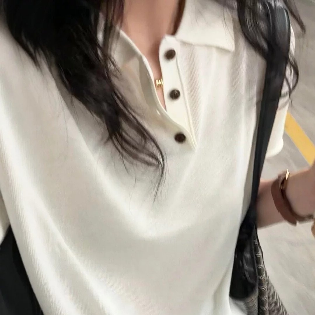 Women's Short Sleeve Knit Polo Shirt Summer Loose Simple Button Top T-Shirt - Image 5