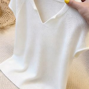 Korean Minimalist White V-Neck Short Sleeve Knit Top for Women Summer Slimming Thin Design