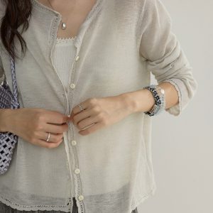 Women's Knit Cardigan Summer Lace Trim Lightweight Loose Short Air Conditioning Top