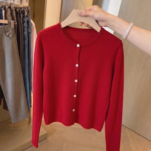 Korean Chic Round Neck Single Breasted Knit Cardigan Women Early Autumn 2026 Loose Slimming Long Sleeve Top