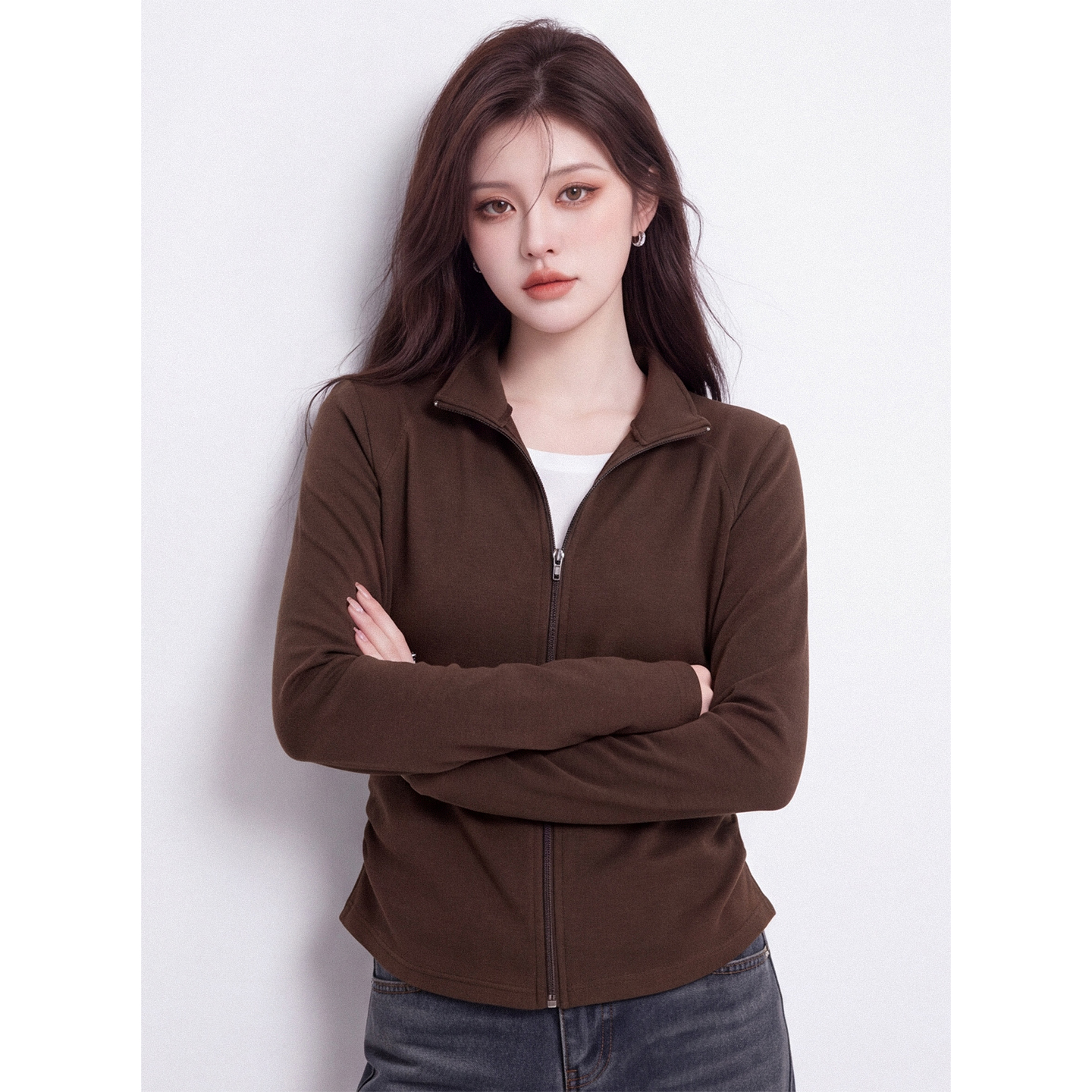 Women's Cardigan-Look Fake Two-Piece Crew Neck Long Sleeve T-Shirt Fall Slim Fit Base Layer - Image 3