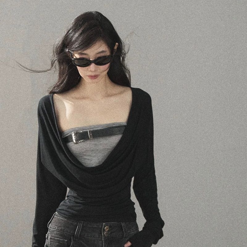 Women's Two-Piece Long-Sleeve Top Set with Draped Neck Slim Fit Korean Style - Image 2