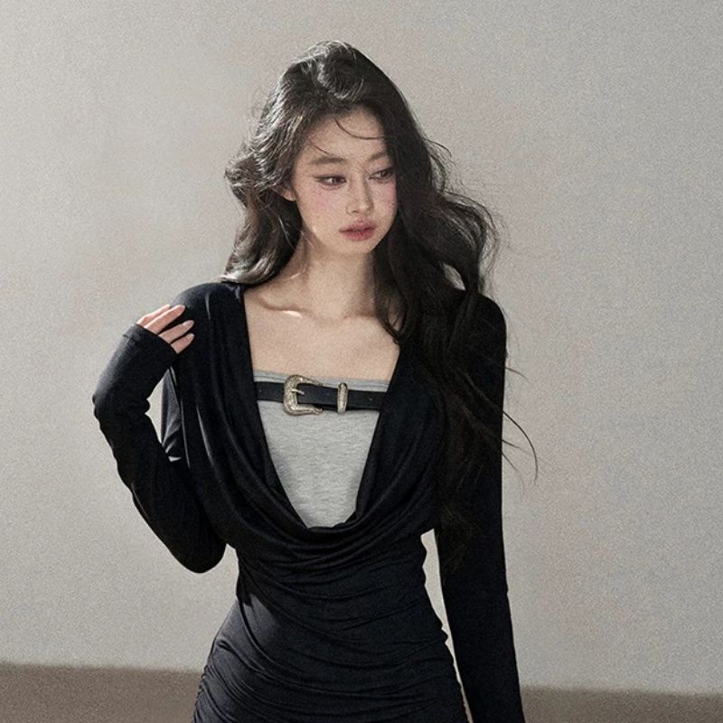Women's Two-Piece Long-Sleeve Top Set with Draped Neck Slim Fit Korean Style