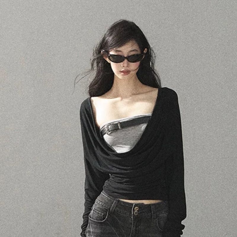 Women's Two-Piece Long-Sleeve Top Set with Draped Neck Slim Fit Korean Style - Image 3