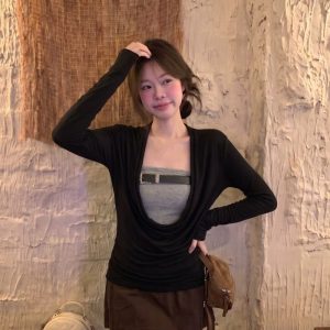 Women's Two-Piece Long Sleeve Top Set Slim Fit Korean Style - Style b91626