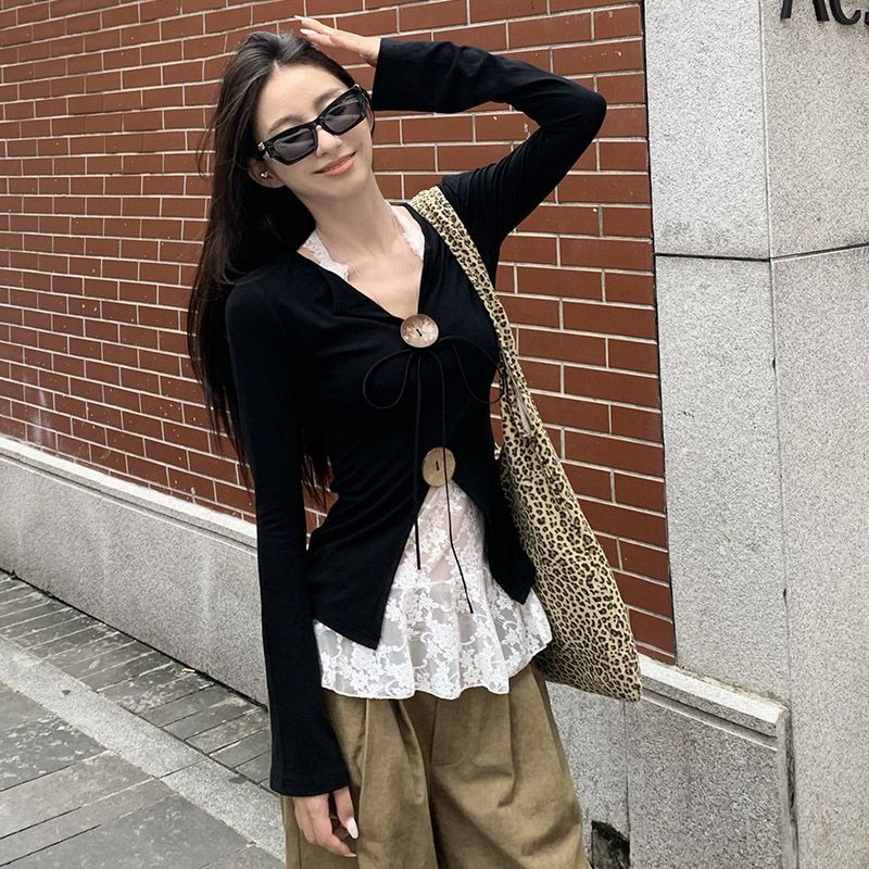V-Neck Long Sleeve Women's Top Slim Fit Split Hem Two-Piece Set - Image 4
