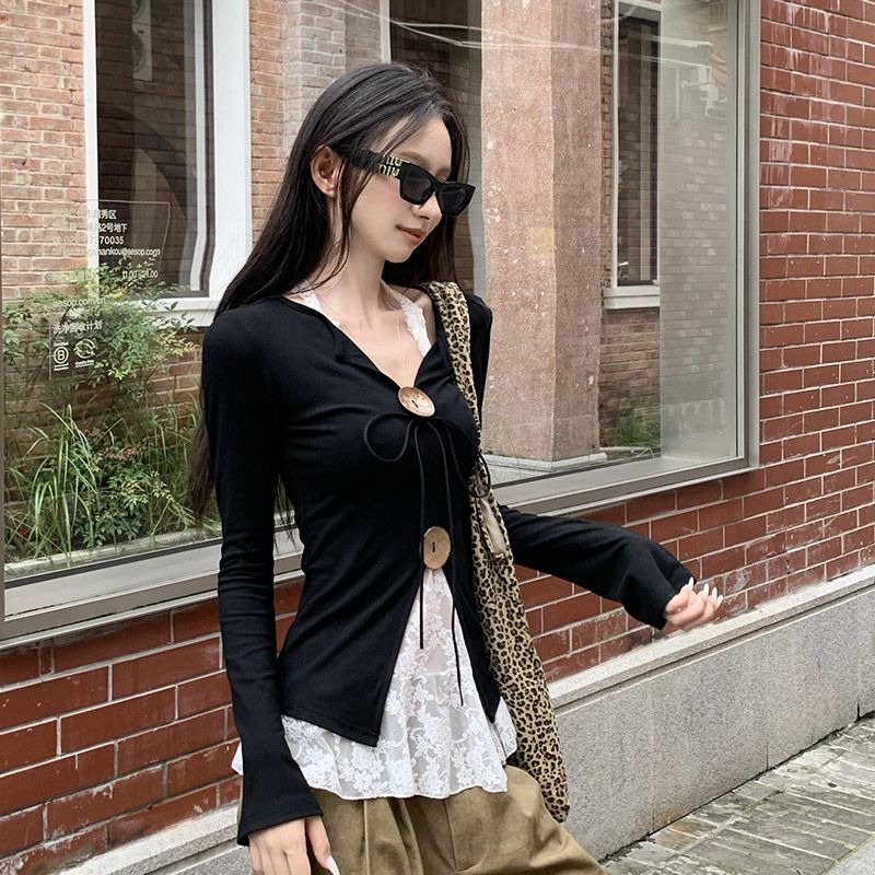 V-Neck Long Sleeve Women's Top Slim Fit Split Hem Two-Piece Set
